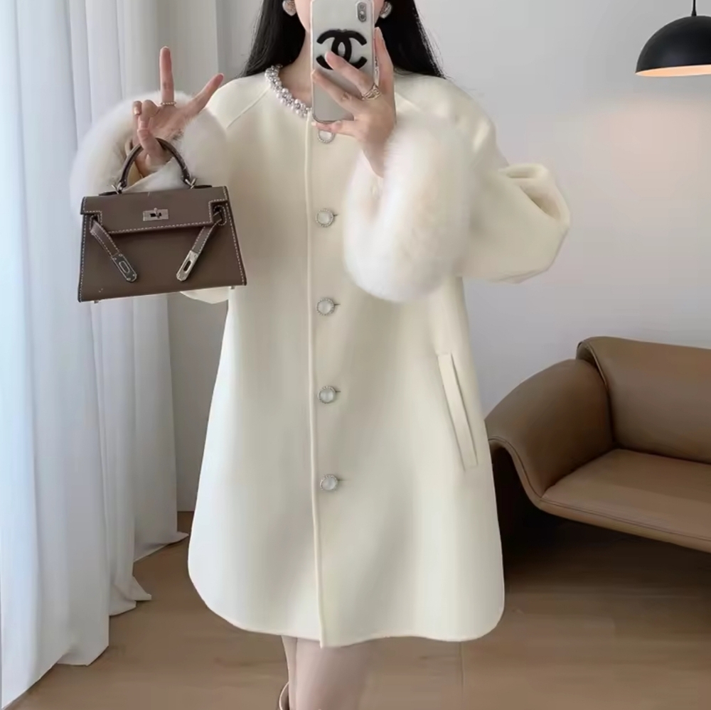 Wool Woolen Coat Real Fox Fur Cuff Coat Winter Jacket Natural Fox Fur - Picture 3 of 8